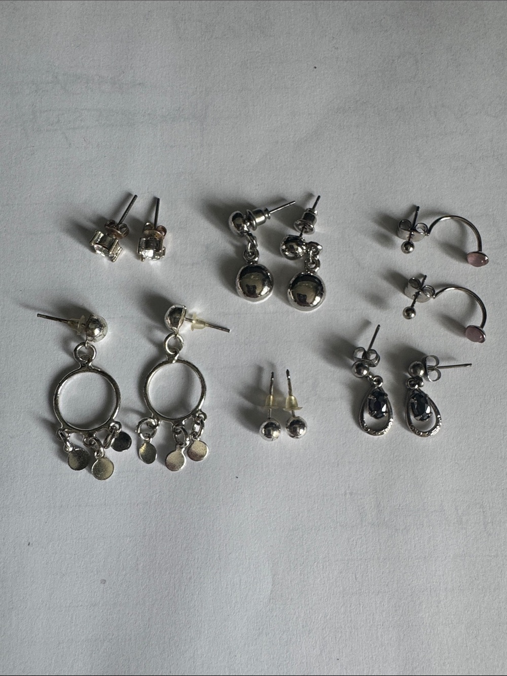 Six Pairs Sterling Tone Mixed Stud and Dangle Earring Set